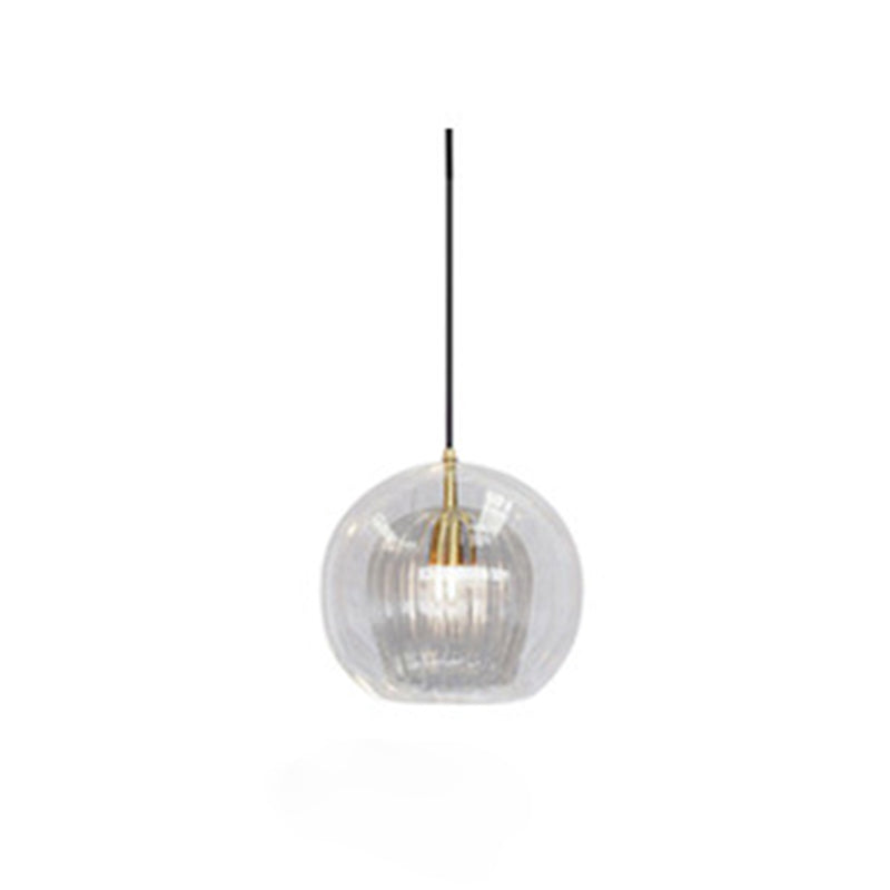 Double Glass Shade Ball Shaped Hanging Light Modern Simplicity Electroplated Brass Lighting Fixture for Bedroom