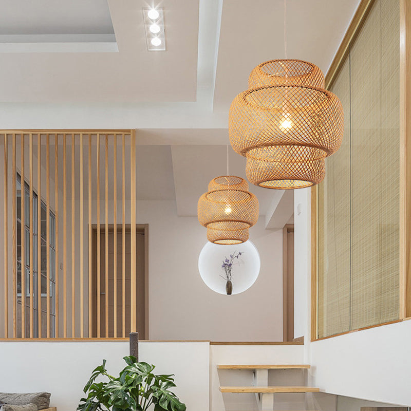 Asian Style Bamboo Weaving Lantern Hanging Light Wooden Single Bulb Ceiling Suspension Lamp for Cafe Shop