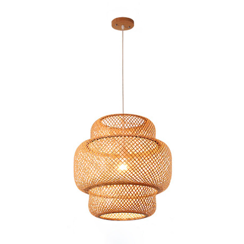 Asian Style Bamboo Weaving Lantern Hanging Light Wooden Single Bulb Ceiling Suspension Lamp for Cafe Shop