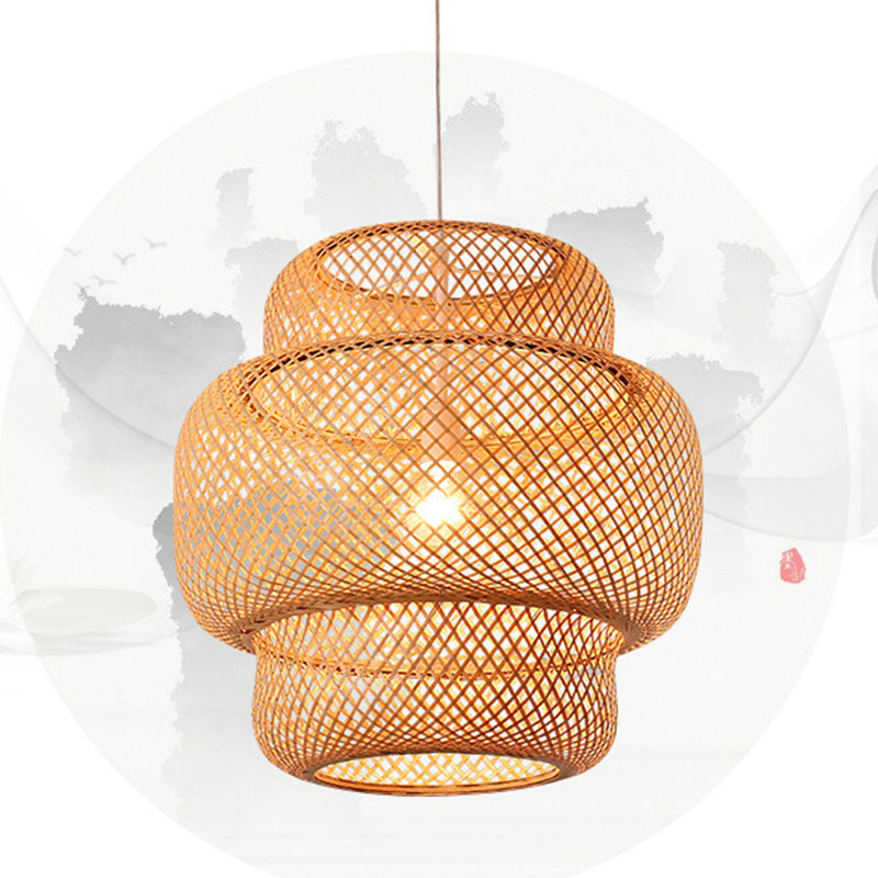 Asian Style Bamboo Weaving Lantern Hanging Light Wooden Single Bulb Ceiling Suspension Lamp for Cafe Shop