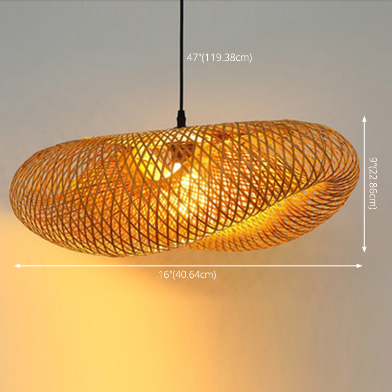 Straw Hat Shaped Bamboo Weaving Suspension Lamp Asian Style Single Bulb Hanging Light with 47" Adjustable Hanging Wire