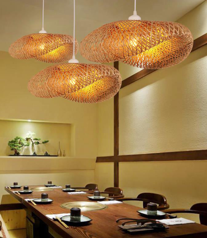 Straw Hat Shaped Bamboo Weaving Suspension Lamp Asian Style Single Bulb Hanging Light with 47" Adjustable Hanging Wire