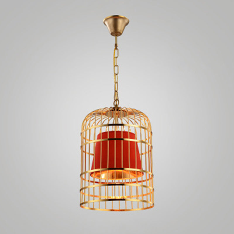 Golden Birdcage Design Metal Suspension Light Fabric Shade Creative Lighting Fixture with 35.5" Adjustable Hanging Chains