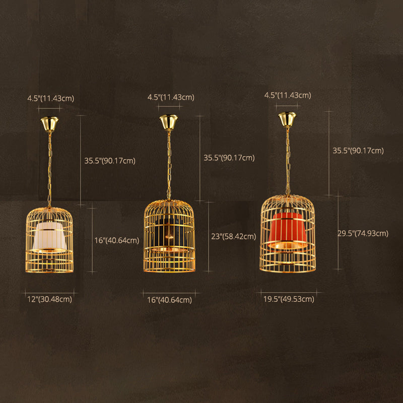 Golden Birdcage Design Metal Suspension Light Fabric Shade Creative Lighting Fixture with 35.5" Adjustable Hanging Chains