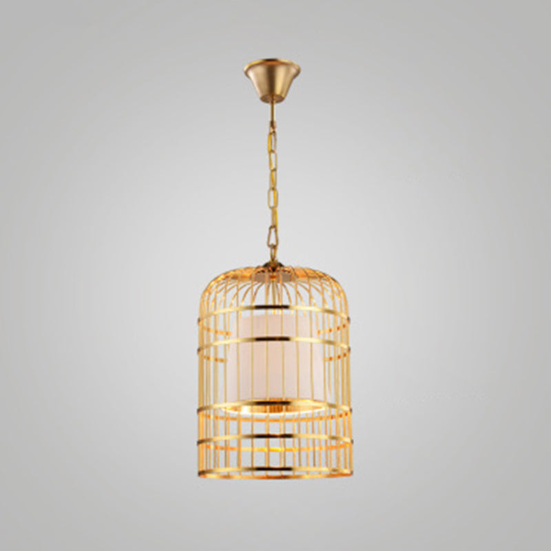 Golden Birdcage Design Metal Suspension Light Fabric Shade Creative Lighting Fixture with 35.5" Adjustable Hanging Chains