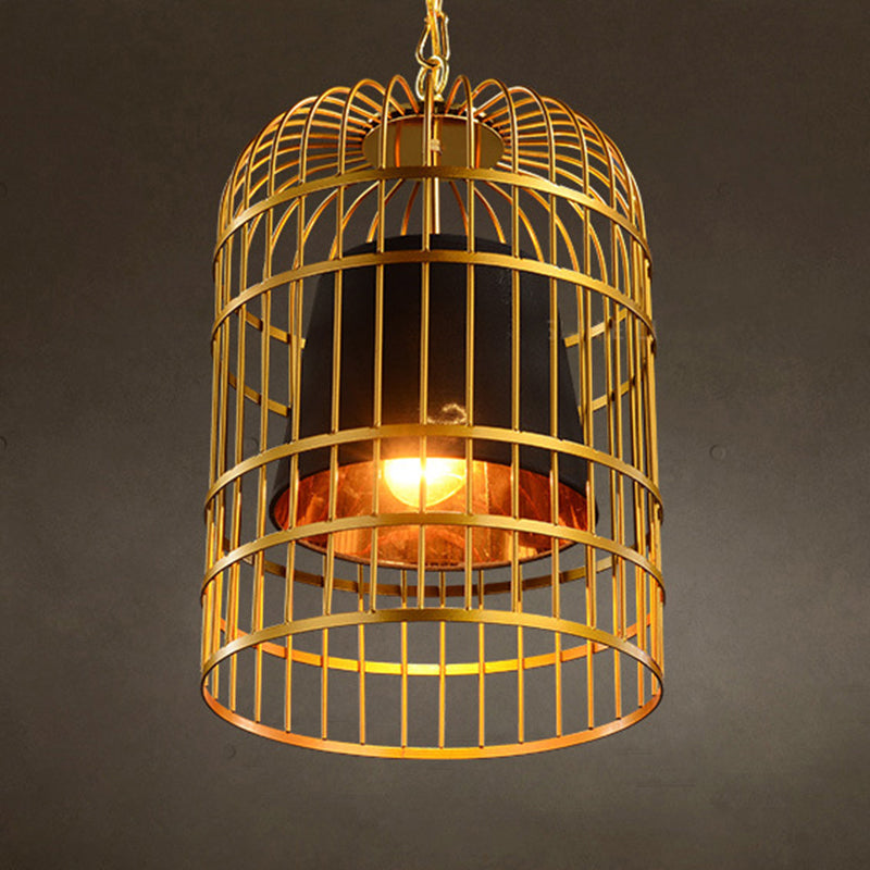 Golden Birdcage Design Metal Suspension Light Fabric Shade Creative Lighting Fixture with 35.5" Adjustable Hanging Chains