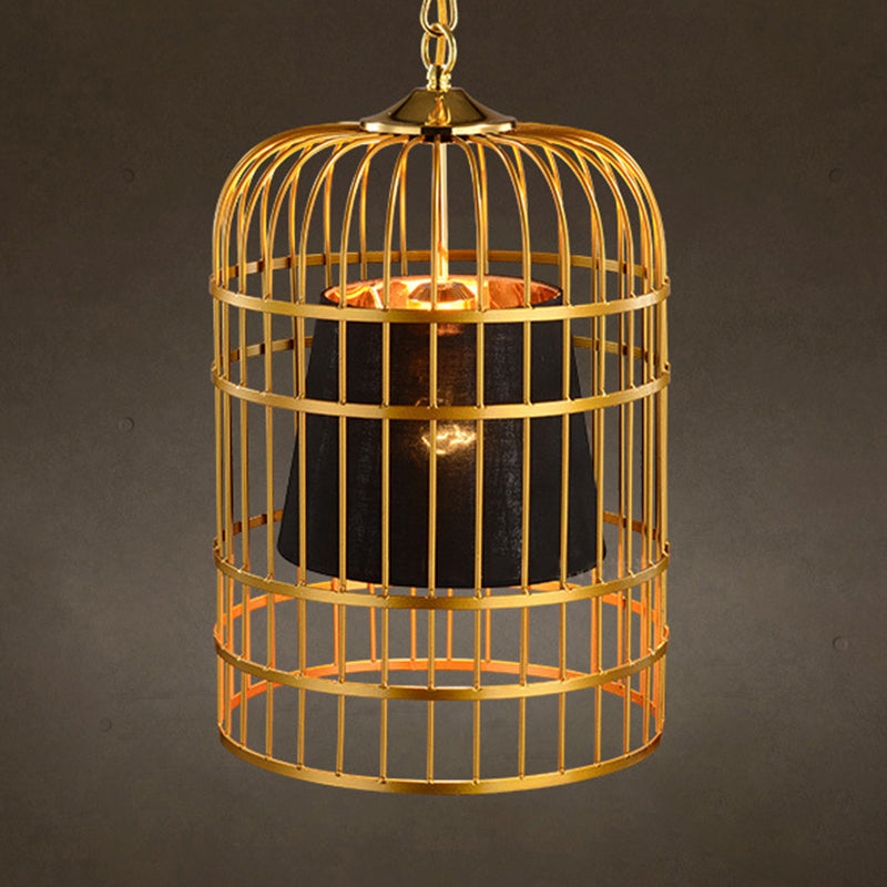 Golden Birdcage Design Metal Suspension Light Fabric Shade Creative Lighting Fixture with 35.5" Adjustable Hanging Chains
