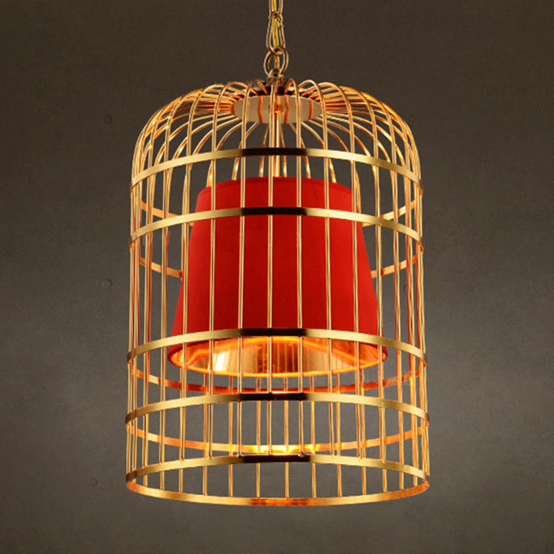 Golden Birdcage Design Metal Suspension Light Fabric Shade Creative Lighting Fixture with 35.5" Adjustable Hanging Chains