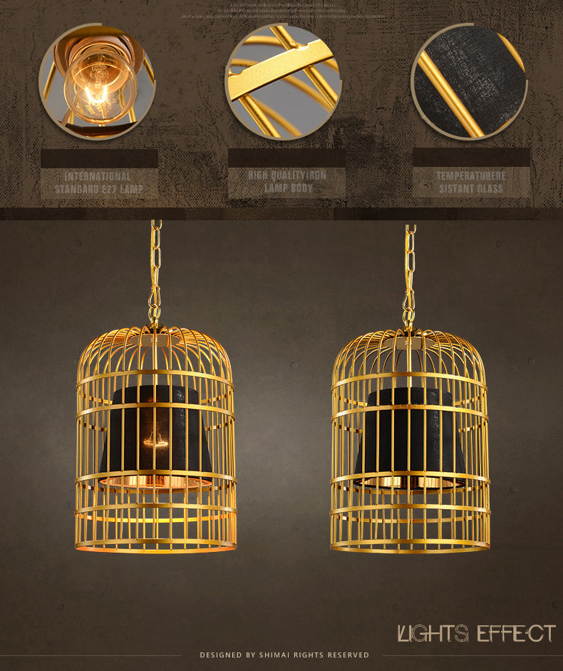 Golden Birdcage Design Metal Suspension Light Fabric Shade Creative Lighting Fixture with 35.5" Adjustable Hanging Chains