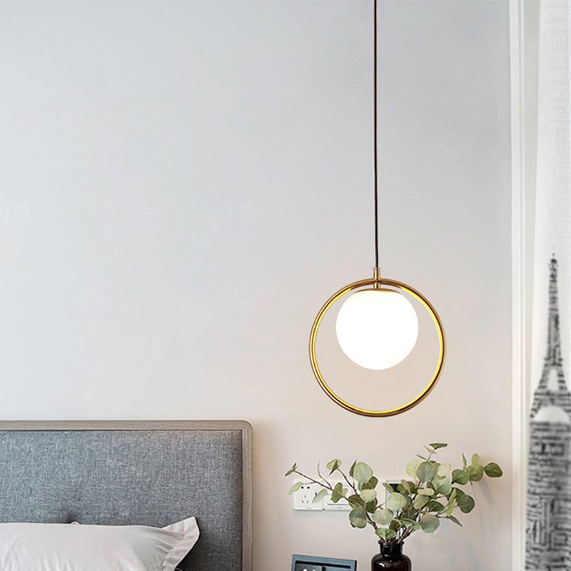 Nordic Minimalism Golden Ring Hanging Light with White Glass Ball Shade Mini Pendant Fixtures for Bedside