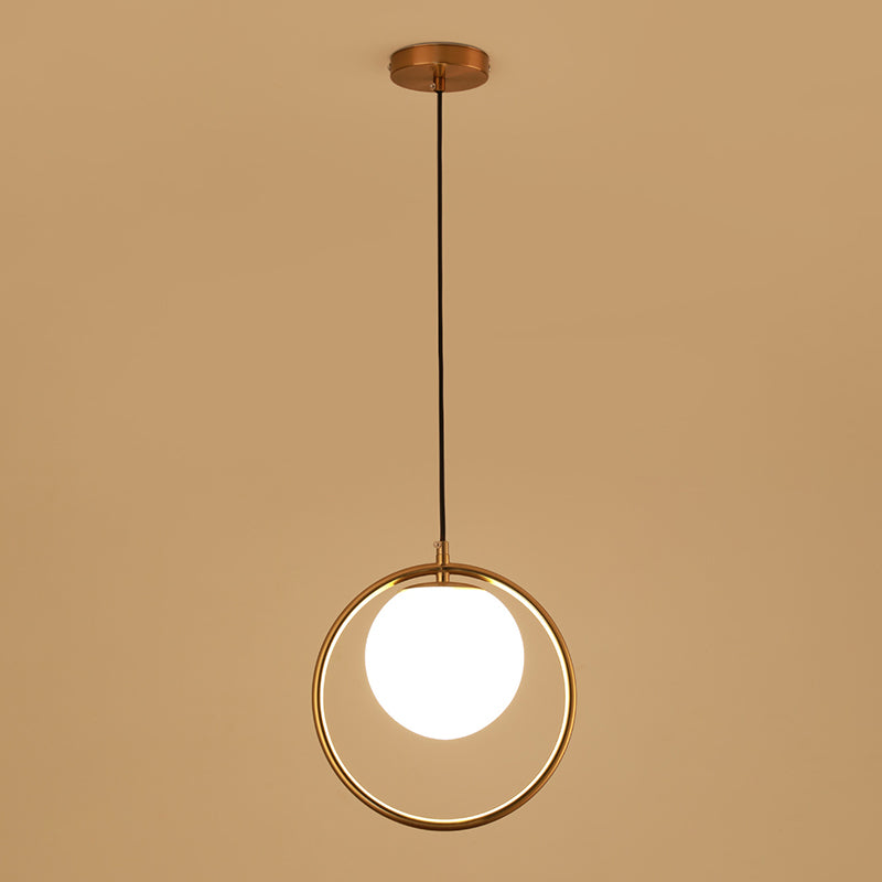 Nordic Minimalism Golden Ring Hanging Light with White Glass Ball Shade Mini Pendant Fixtures for Bedside
