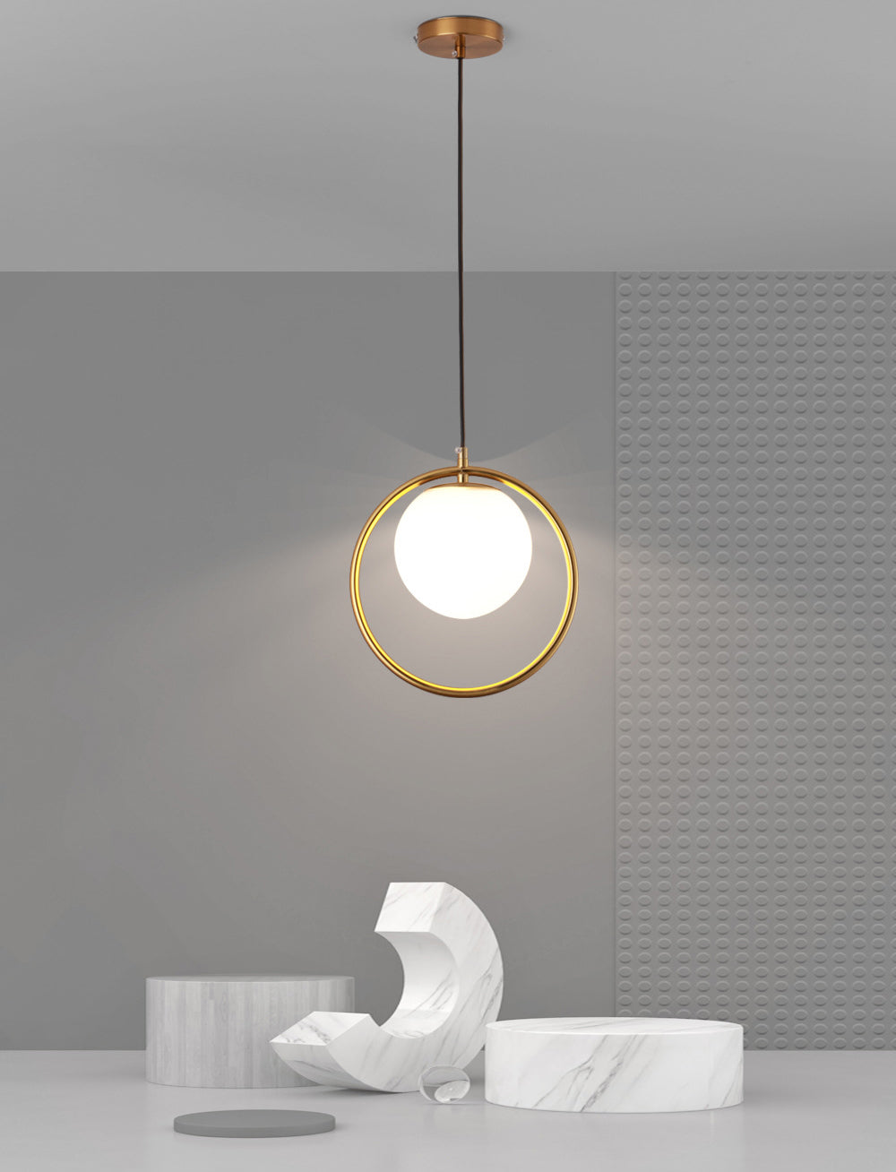 Nordic Minimalism Golden Ring Hanging Light with White Glass Ball Shade Mini Pendant Fixtures for Bedside