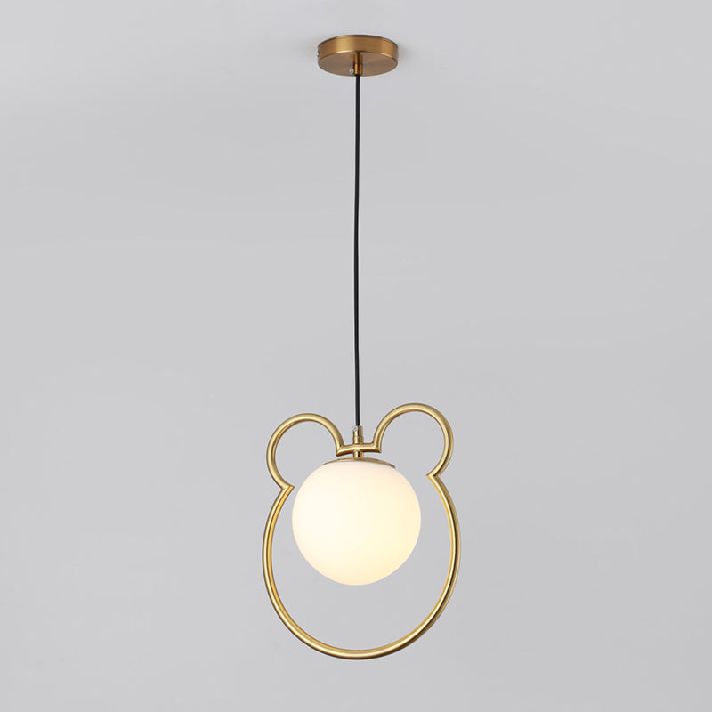 Nordic Minimalism Little Bear Lines Frame Hanging Light with White Glass Ball Shade Mini Pendant Fixtures for Bedside
