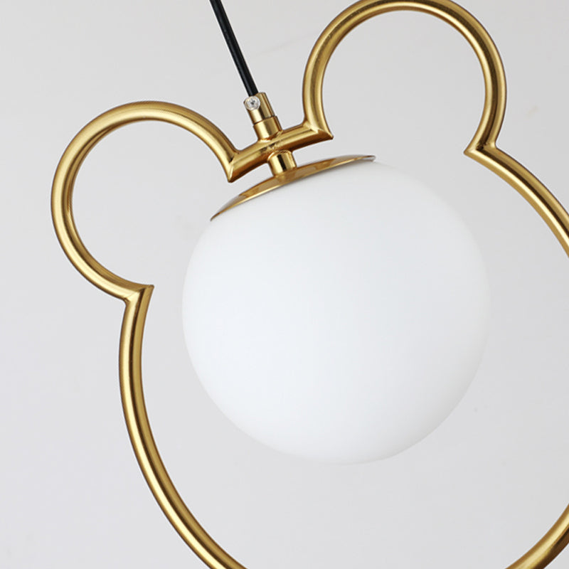 Nordic Minimalism Little Bear Lines Frame Hanging Light with White Glass Ball Shade Mini Pendant Fixtures for Bedside