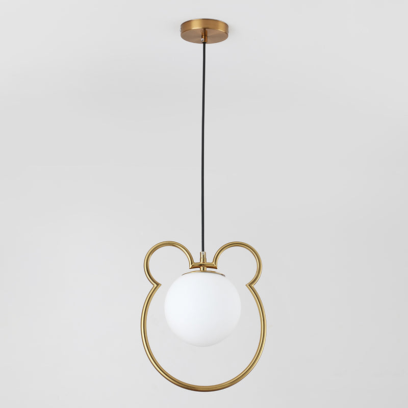 Nordic Minimalism Little Bear Lines Frame Hanging Light with White Glass Ball Shade Mini Pendant Fixtures for Bedside
