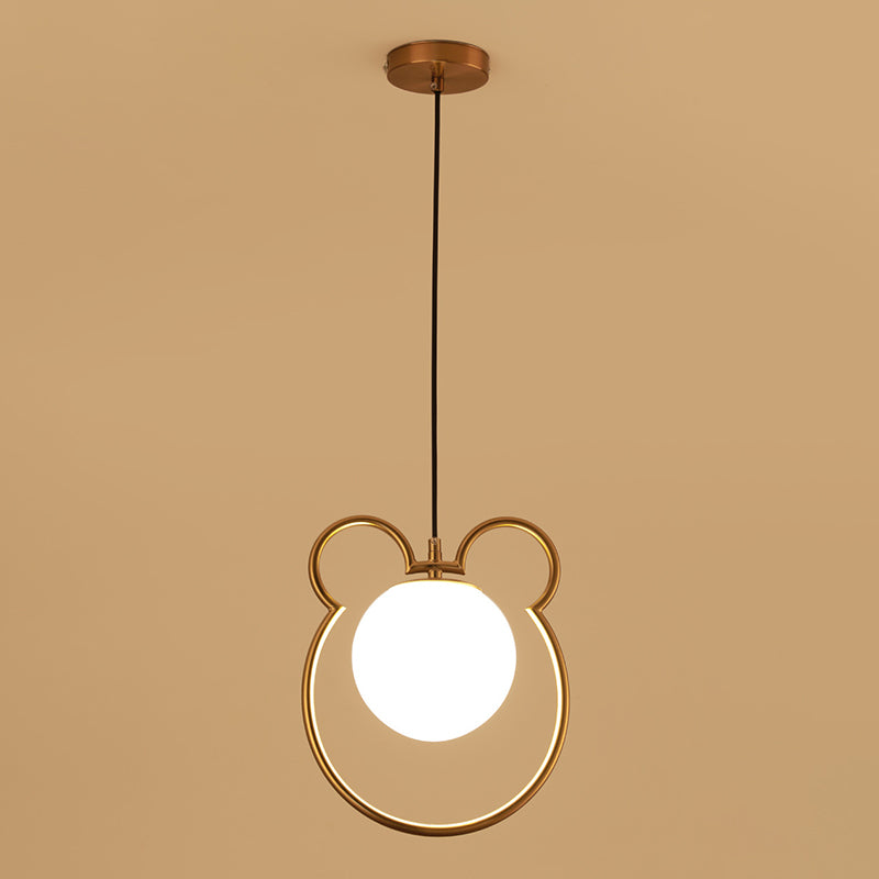 Nordic Minimalism Little Bear Lines Frame Hanging Light with White Glass Ball Shade Mini Pendant Fixtures for Bedside