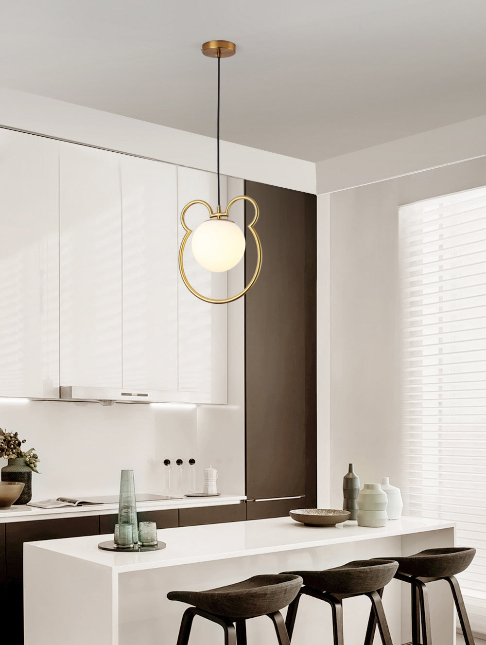 Nordic Minimalism Little Bear Lines Frame Hanging Light with White Glass Ball Shade Mini Pendant Fixtures for Bedside