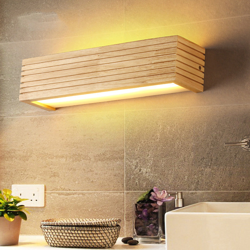 Nordic Creative Wall Mounted Mirror Front Lamp Wooden Rectangular Vanity Light for Bathroom