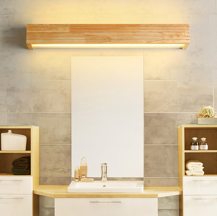 Nordic Creative Wall Mounted Mirror Front Lamp Wooden Rectangular Vanity Light for Bathroom