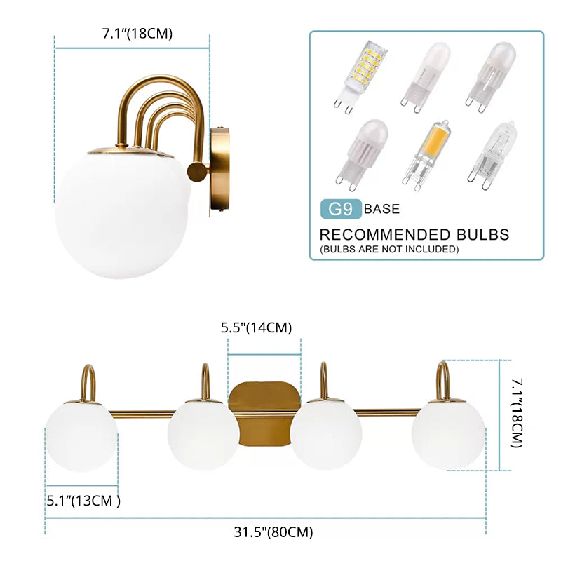 Global Glass Shade Vanity Wall Sconce Metal Armed Vanity Mirror Lights for Bedroom Bathroom