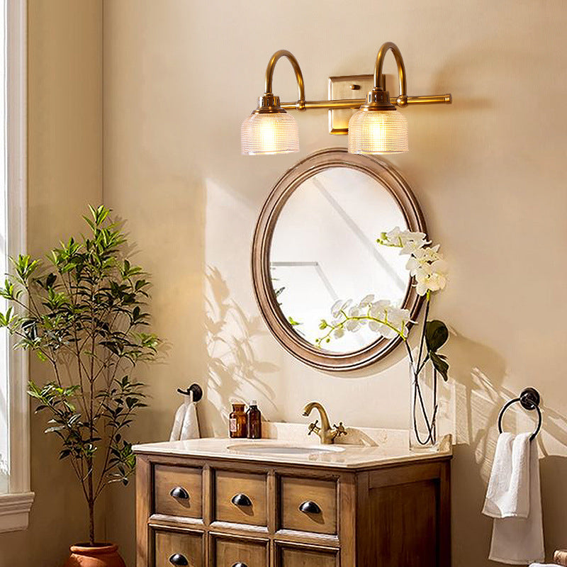 Brass Armed Vanity Light Fixture American Style Vanity Mirror Lights in Prismatic Glass Shade