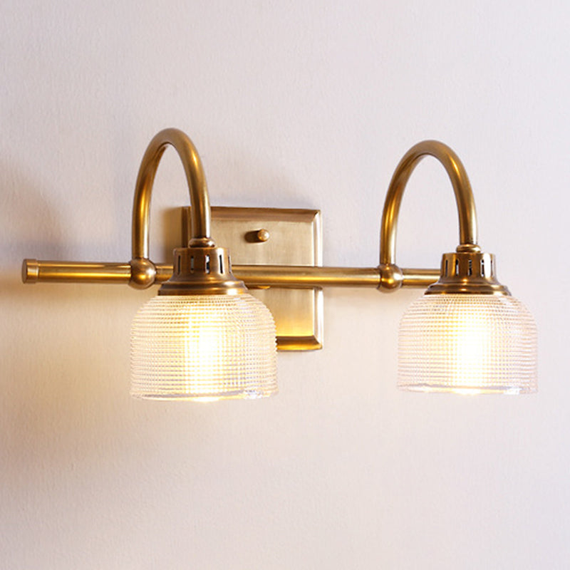 Brass Armed Vanity Light Fixture American Style Vanity Mirror Lights in Prismatic Glass Shade