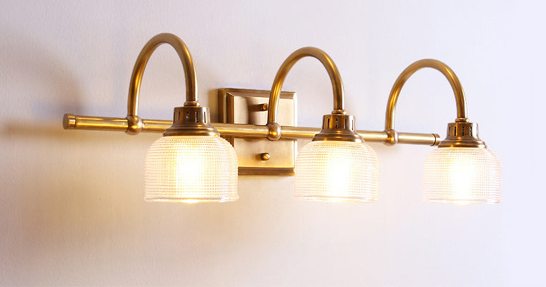 Brass Armed Vanity Light Fixture American Style Vanity Mirror Lights in Prismatic Glass Shade