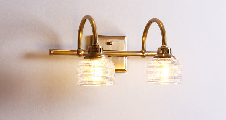 Brass Armed Vanity Light Fixture American Style Vanity Mirror Lights in Prismatic Glass Shade