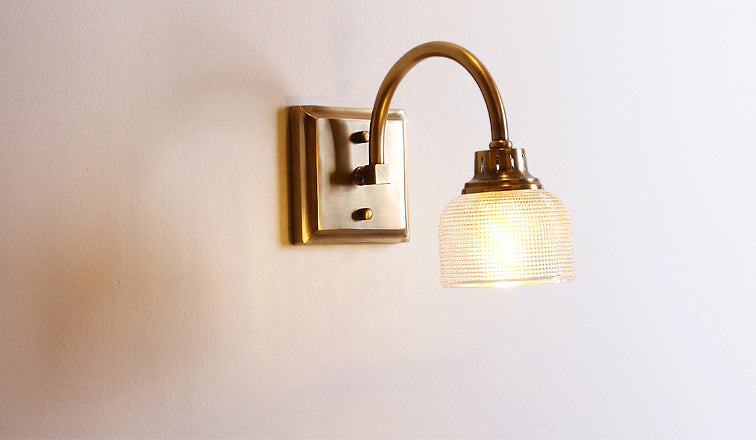 Brass Armed Vanity Light Fixture American Style Vanity Mirror Lights in Prismatic Glass Shade