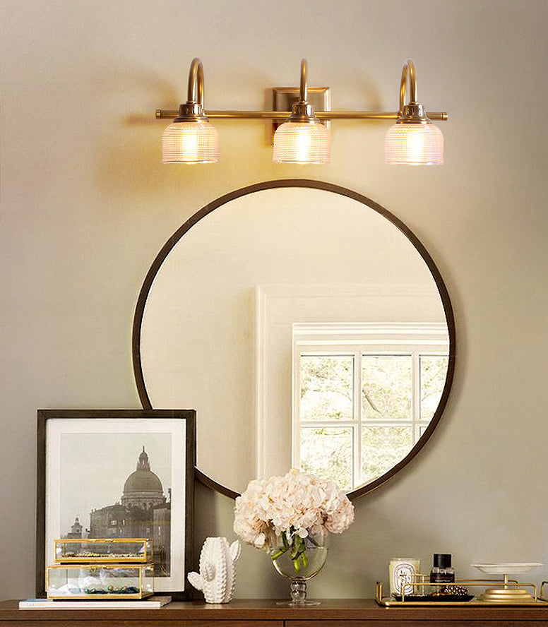 Brass Armed Vanity Light Fixture American Style Vanity Mirror Lights in Prismatic Glass Shade