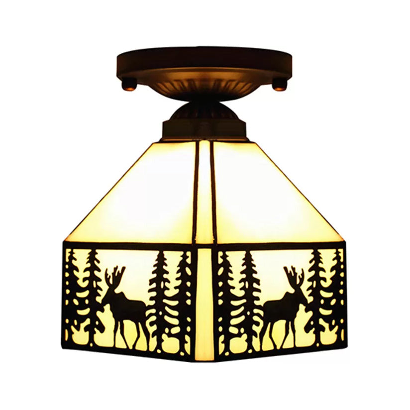 Plafonnier Mission, semi-plafonnier géométrique en beige avec abat-jour en verre artistique et motif de cerf pour chambre à coucher