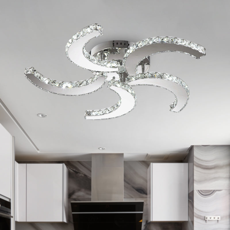 5-licht semi-spoel licht eenvoudig windmolen kristal semi-spoelbevestiging in chroom voor slaapkamer, warm/wit/3 kleurlicht