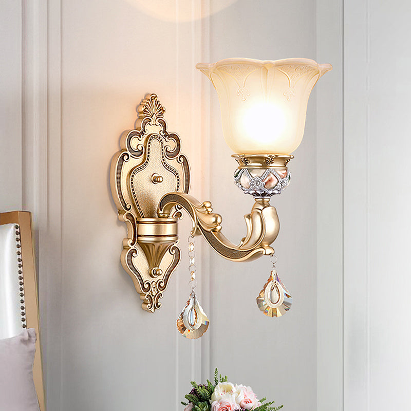 1 Bulb Floral Wall Sconce Vintage White Etched Glass Wall Lamp with Crystal Accent and Gold Curly Resin Arm