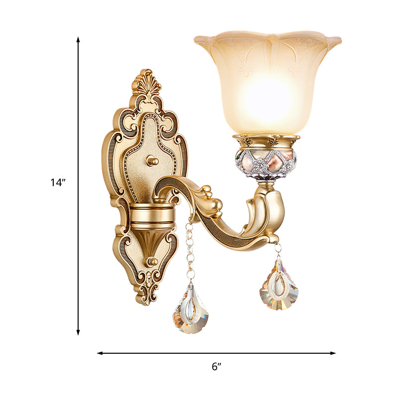 1 Bulb Floral Wall Sconce Vintage White Etched Glass Wall Lamp with Crystal Accent and Gold Curly Resin Arm