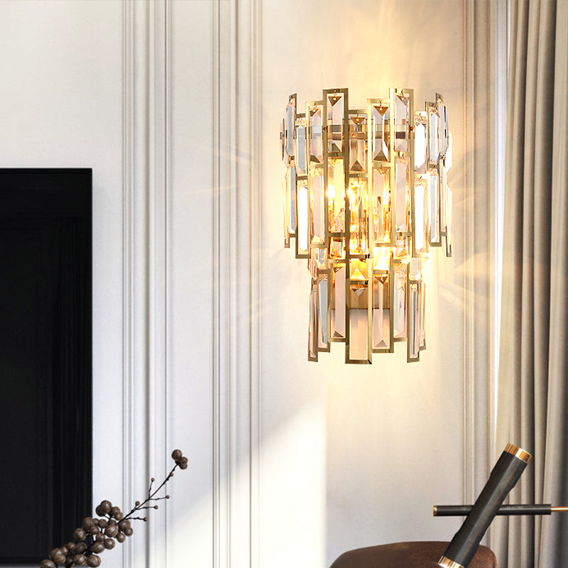 Modern Tier Flush Mount Wall Light 2 Bulbs Crystal Block Sconce Lighting with Golden Metal Frame
