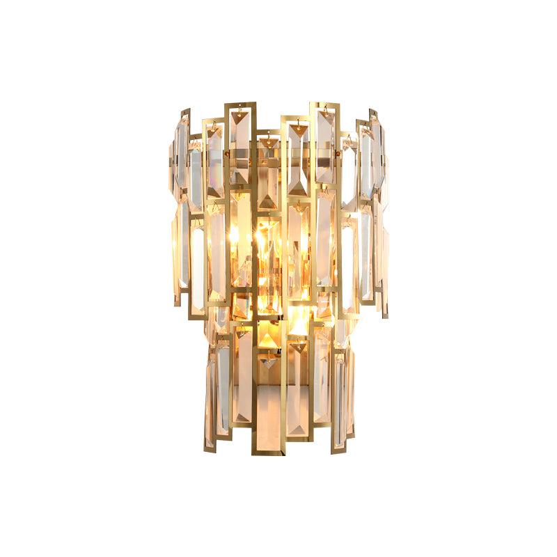 Modern Tier Flush Mount Wall Light 2 Bulbs Crystal Block Sconce Lighting with Golden Metal Frame