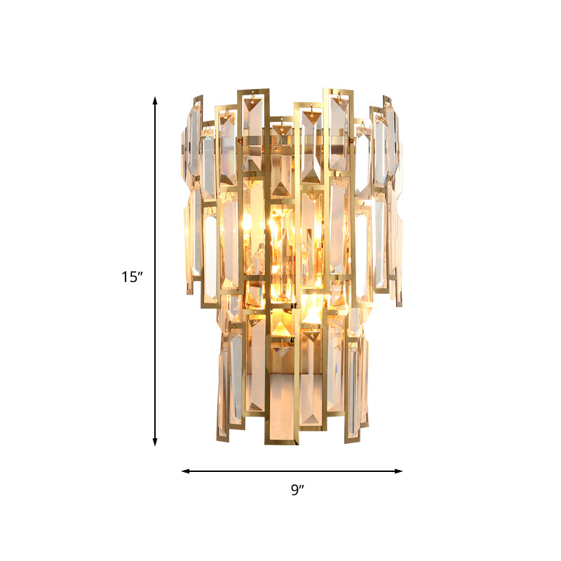 Modern Tier Flush Mount Wall Light 2 Bulbs Crystal Block Sconce Lighting with Golden Metal Frame