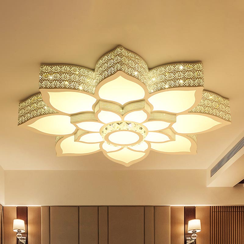 Lotus Faceted Crystal Flush Mount Light Fixture Simple White 23.5"/29.5"/35.5" W LED Ceiling Light in Warm/White Light