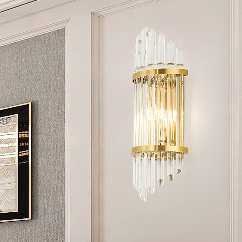 Fluted Clear Crystal Sconce Light Minimalist 2 Lights Gold Finish Banded Indoor Wall Lighting