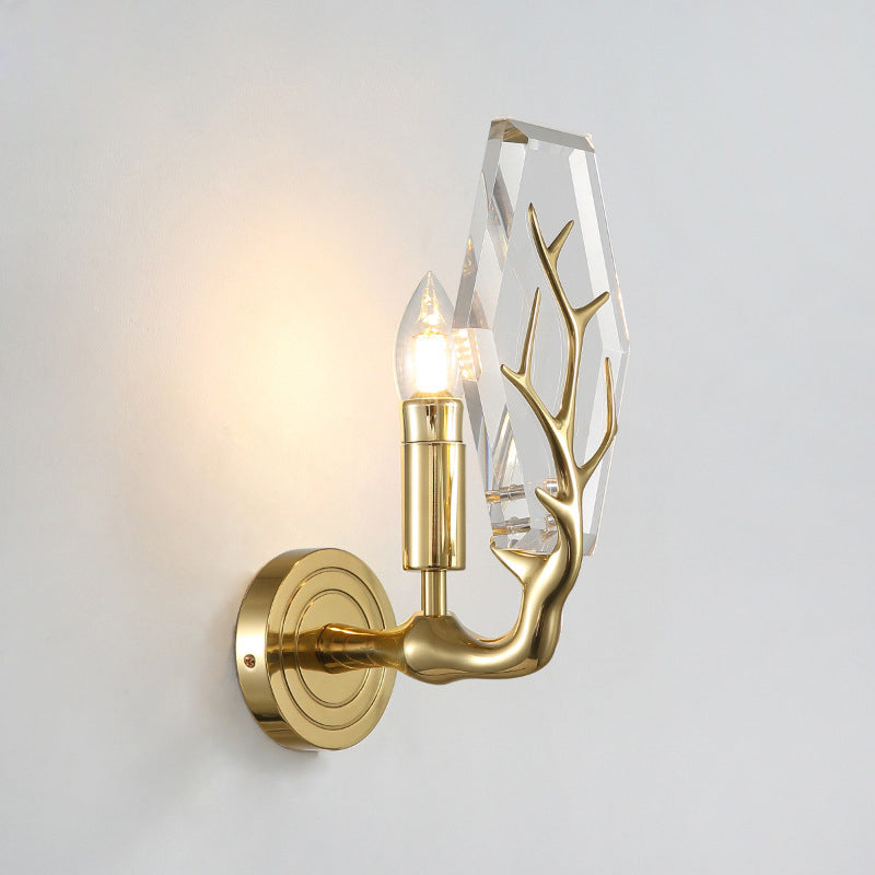 Crystal Panel Sconce Light Fixture Modern 1 Light Living Room Wall Mounted Lamp in Clear with Antler Deco