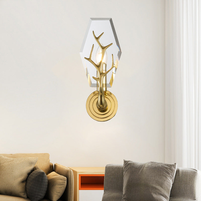 Crystal Panel Sconce Light Fixture Modern 1 Light Living Room Wall Mounted Lamp in Clear with Antler Deco