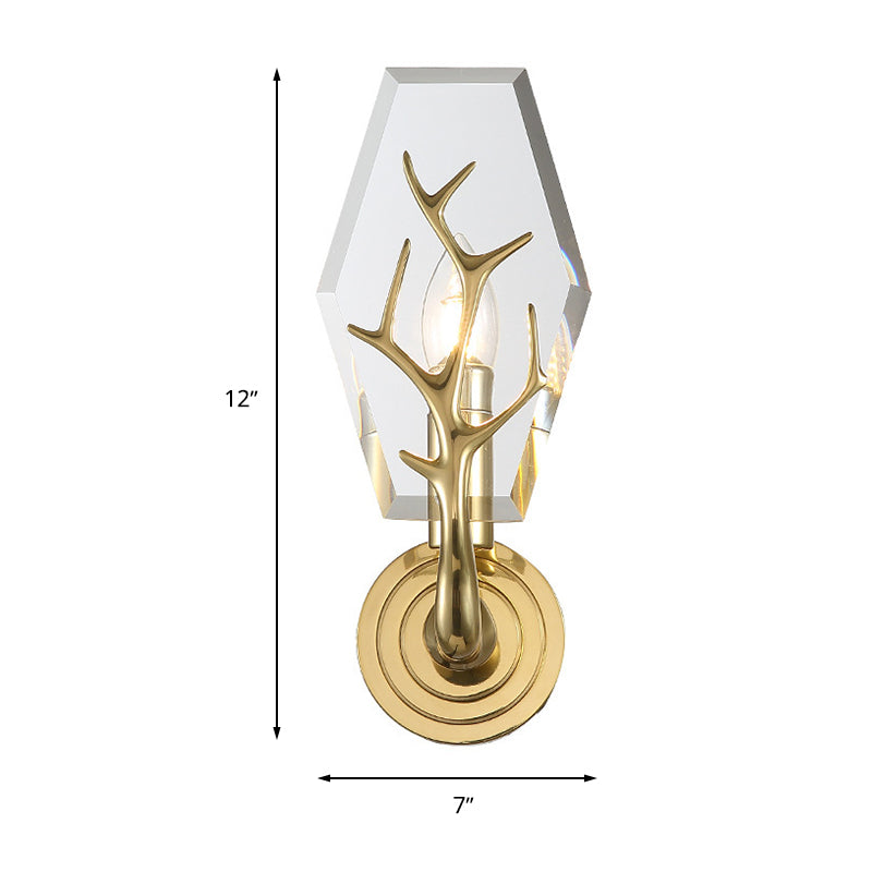 Crystal Panel Sconce Light Fixture Modern 1 Light Living Room Wall Mounted Lamp in Clear with Antler Deco