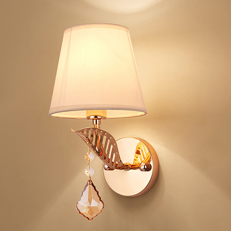 Fabric White/Red/Blue Sconce Light Tapered Bell 1-Light Traditional Wall Lamp for Bedroom with Crystal Drop