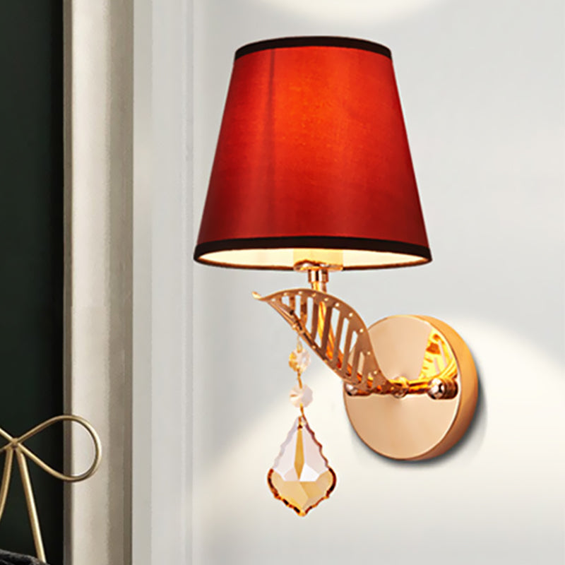 Fabric White/Red/Blue Sconce Light Tapered Bell 1-Light Traditional Wall Lamp for Bedroom with Crystal Drop