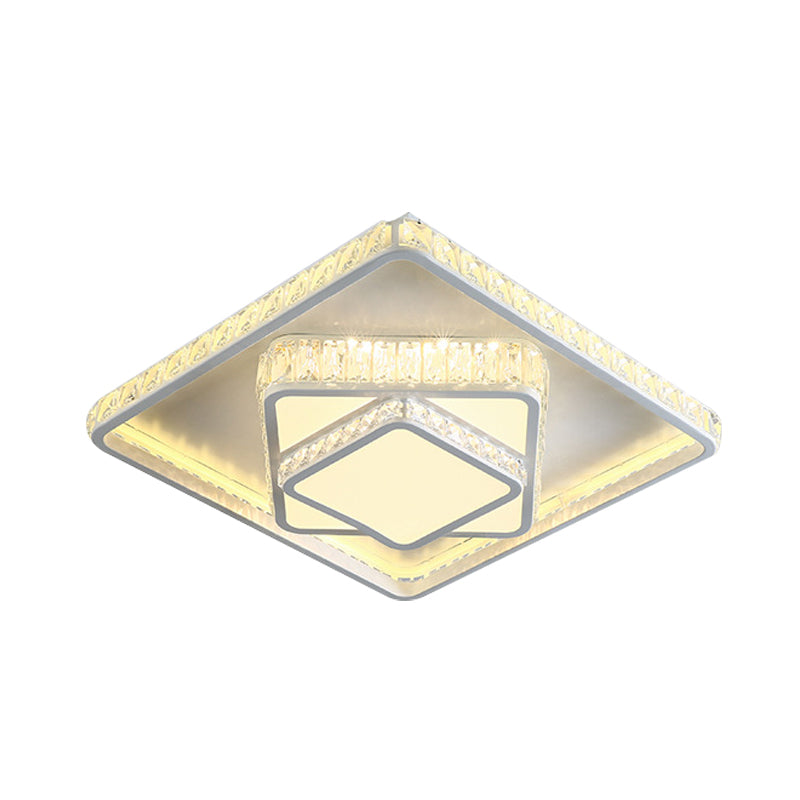 White Rectangle/Square Ceiling Light Minimalist Faceted Crystal White 19.5"/23.5" W LED Flush Mount Light Fixture in White/3 Color/Remote Control Stepless Dimming Light