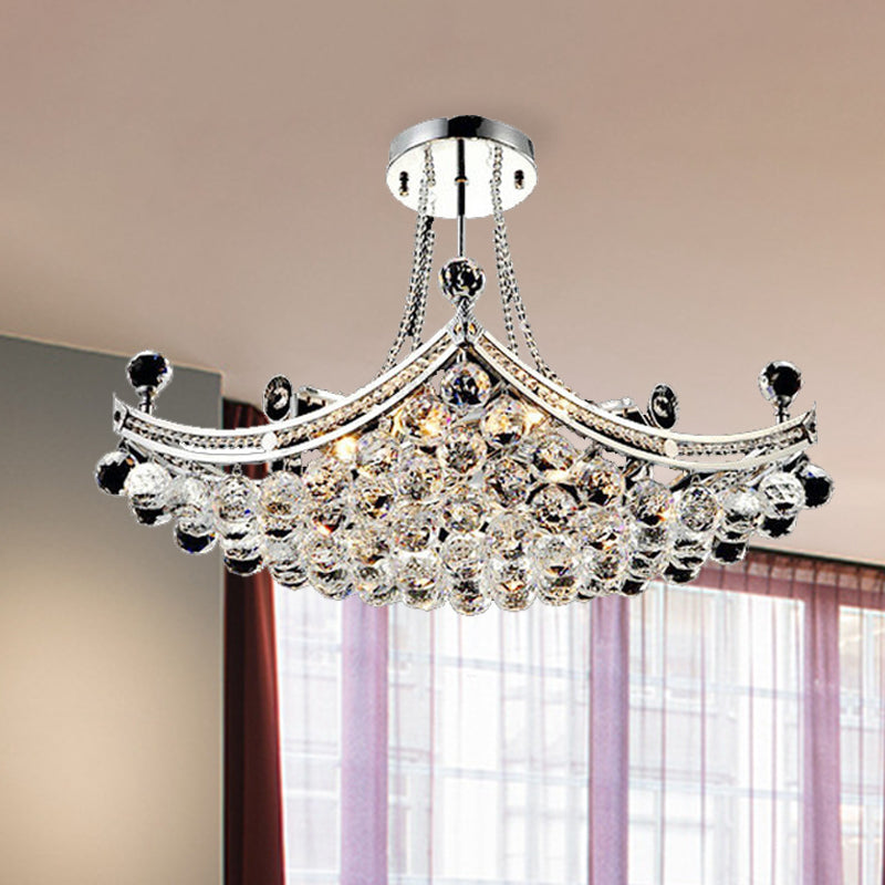 Chrome 6 Lights Semi Flush Light Modern Crystal Boat Shaped Semi-Flush Mount Ceiling Fixture