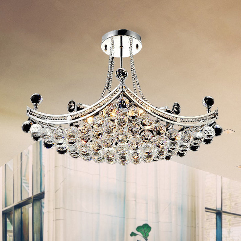 Chrome 6 Lights Semi Flush Light Modern Crystal Boat Shaped Semi-Flush Mount Ceiling Fixture