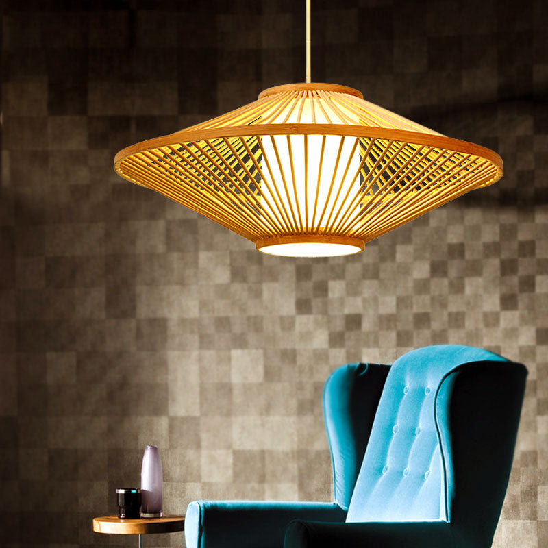 19,5 "/23,5" Dia-Saucer Suspended Lampe Moderne Stil Bambus 1-Bulb Schwarz/Beige Hängende Leuchte für Wohnzimmer