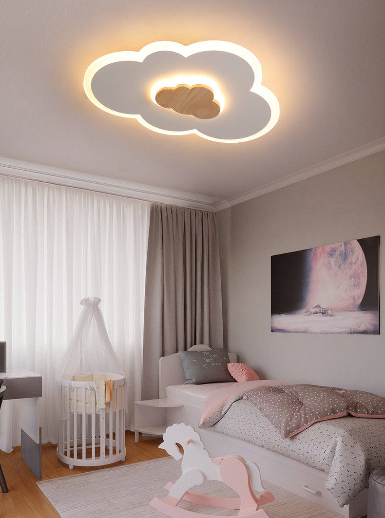 Acrylic Cloud Shaped Flush Light Cartoon White and Wood LED Ceiling Flush Light for Child Room