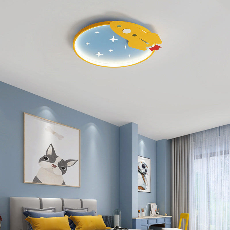 Lampe de plafond LED en métal de dessin animé de lumière affleurante de cercle jaune-bleu avec le décor de fusée